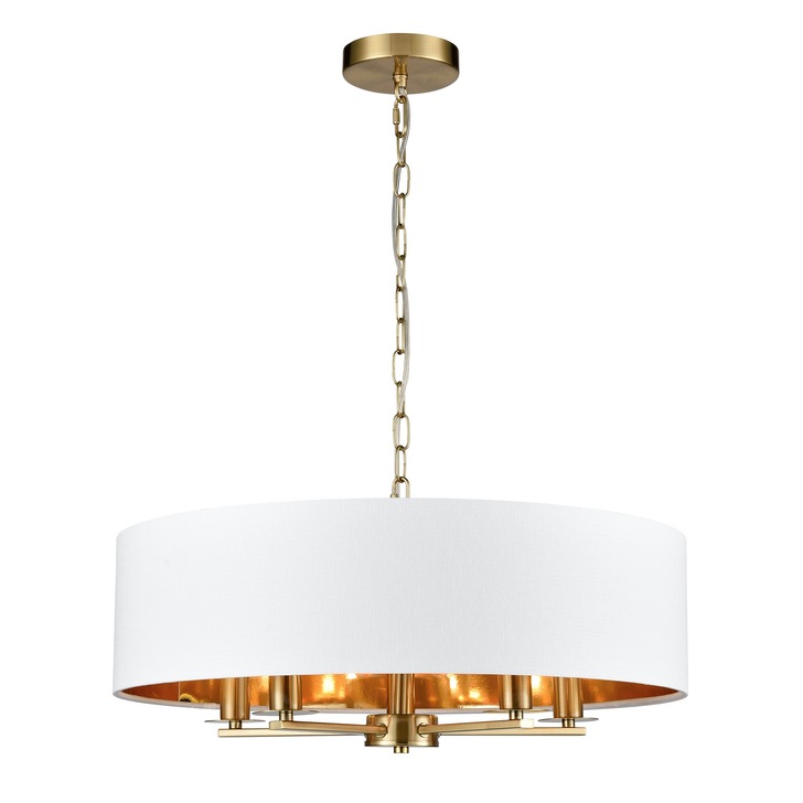 Franklite Windsor 5 Light Multi-Arm Pendant In Aged Brass With Cream Fabric Shade & Gold Lining