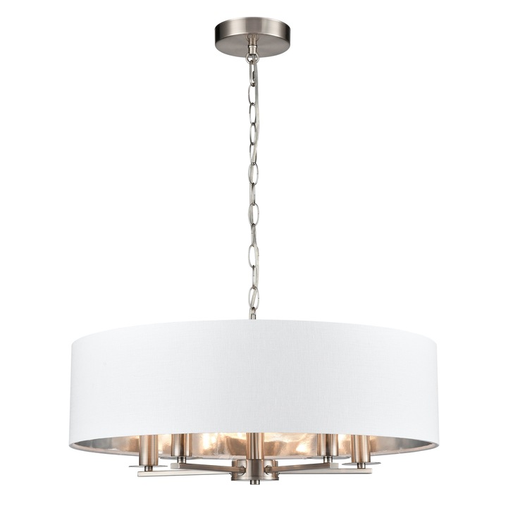 Franklite Windsor 5 Light Multi-Arm Pendant In Satin Nickel With Cream Fabric Shade & Silver Lining