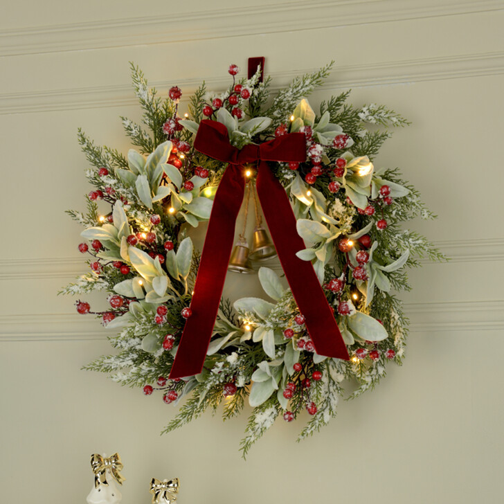 FROSTED BERRIES WITH BELL LIT WREATH 50CM - Battery Operated (3 X AA - Not Included)