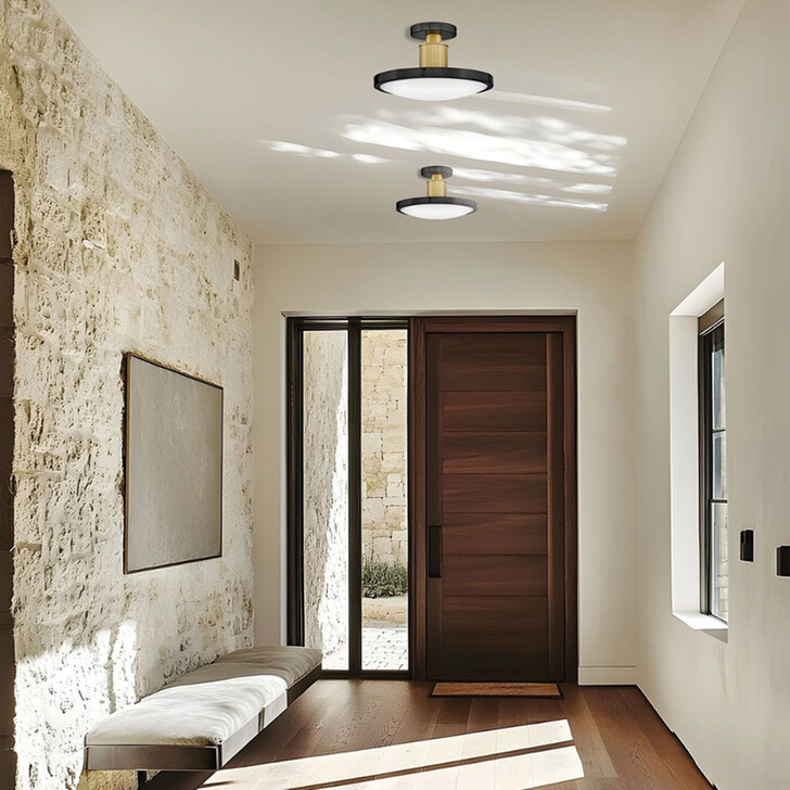 Hinkley Kieran Black And Brass Finish Led Semi-Flush Ceiling Light With Etched White Glass Diffuser