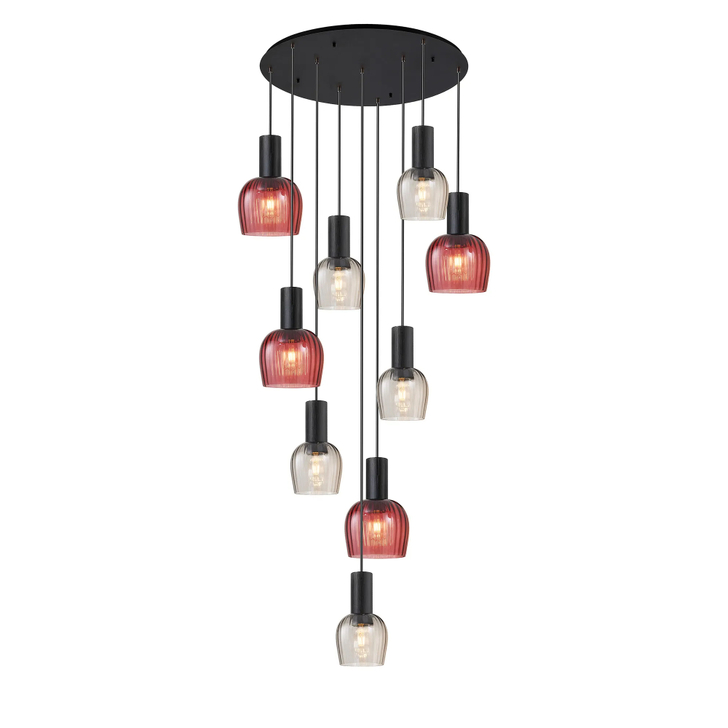 Idolite Adele 100.5cm 9 Light Round Cluster Pendant Satin Black With Purple/Smoke Ribbed Wine Glass Shades