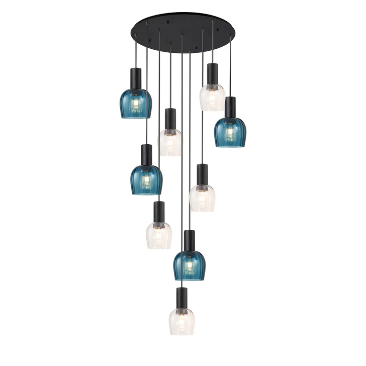 Idolite Adele 102cm 9 Light Round Cluster Pendant Satin Black With Petrol Blue/Clear Ribbed Wine Glass Shades
