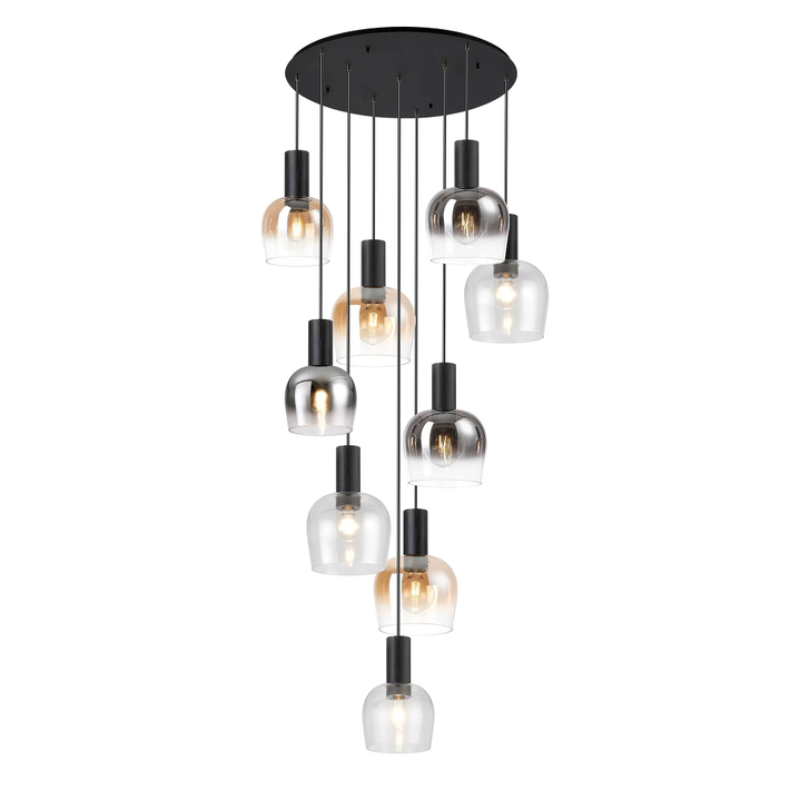 Idolite Adele 103cm 9 Light Round Cluster Pendant Satin Black With Amber Fade/Clear/Smoke Fade Wine Glass Shades