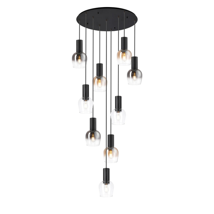 Idolite Adele 97cm 9 Light Round Cluster Pendant Satin Black With Amber Fade/Clear/Smoke Fade Wine Glass Shades