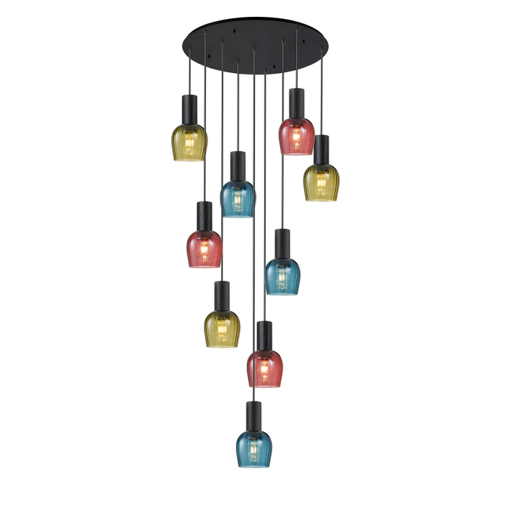 Idolite Adele 97cm 9 Light Round Cluster Pendant Satin Black With Petrol Blue/Moss Green/Purple Ribbed Wine Glass Shades