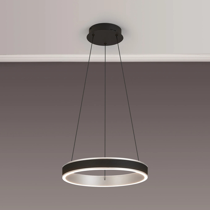 Idolite Aster 40cm Black Faux Leather/Brushed Antique Silver Round Led Pendant Light With Remote Control - Tuneable White 3000-6000K