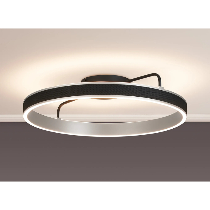 Idolite Aster 60cm Black Faux Leather/Brushed Antique Silver Round Flush Led Light With Remote Control - Tuneable White 3000-6000K