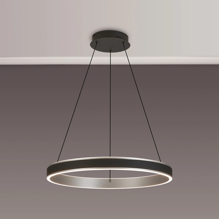 Idolite Aster 60cm Black Faux Leather/Brushed Antique Silver Round Led Pendant Light With Remote Control - Tuneable White 3000-6000K