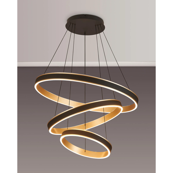Idolite Aster 80cm/60cm/40cm 3 Tier Ring Pendant in Black Faux Leather/Brushed Gold Finish With Remote Control - Tuneable White 3000-6000K