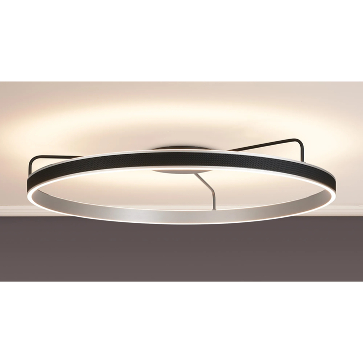 Idolite Aster Extra Large 100cm Black Faux Leather/Brushed Antique Silver Round Flush Led Light With Remote Control - Tuneable White 3000-6000K