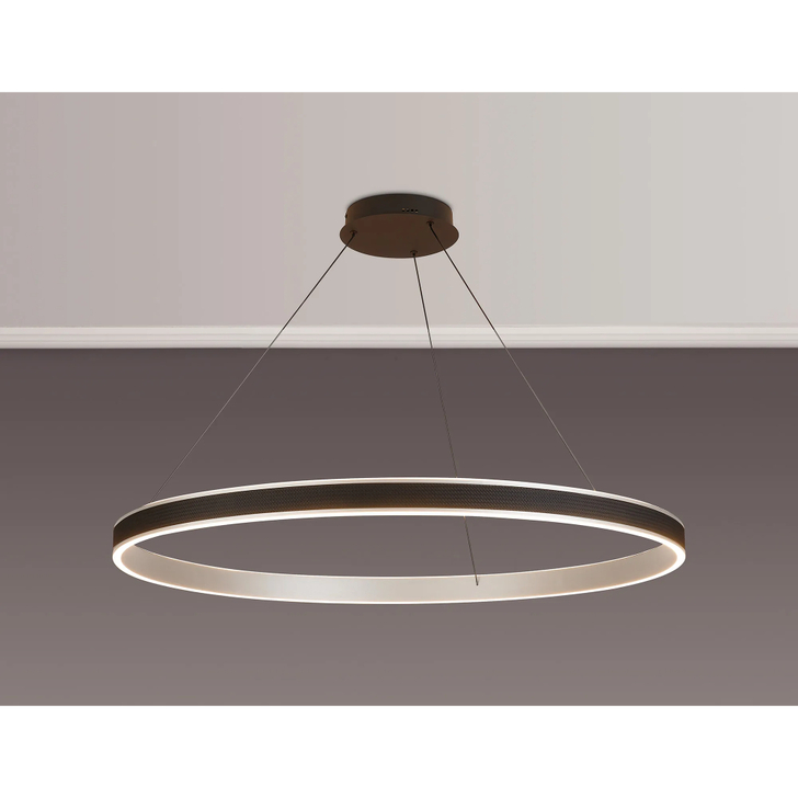 Idolite Aster Extra Large 100cm Black Faux Leather/Brushed Antique Silver Round Led Pendant Light With Remote Control - Tuneable White 3000-6000K