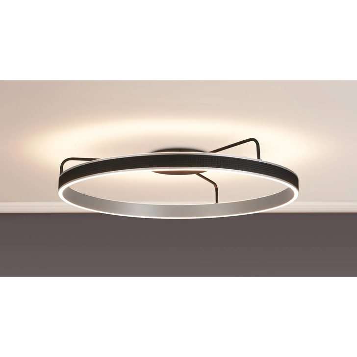 Idolite Aster Large 80cm Black Faux Leather/Brushed Antique Silver Round Flush Led Light With Remote Control - Tuneable White 3000-6000K