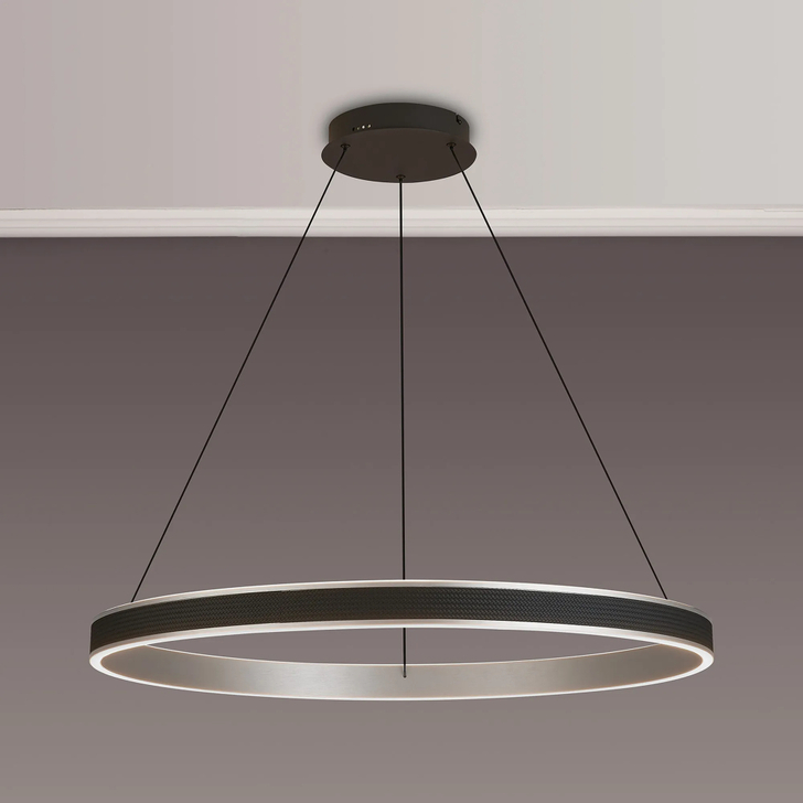 Idolite Aster Large 80cm Black Faux Leather/Brushed Antique Silver Round Led Pendant Light With Remote Control - Tuneable White 3000-6000K