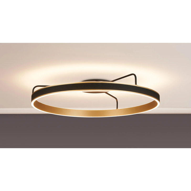 Idolite Aster Large 80cm Black Faux Leather/Brushed Gold Round Flush Led Light With Remote Control - Tuneable White 3000-6000K