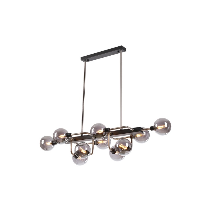 Idolite Atlas Graphite/Satin Nickel 10 Light Linear Bar Pendant Complete With Sphere Smoked Glass Shades