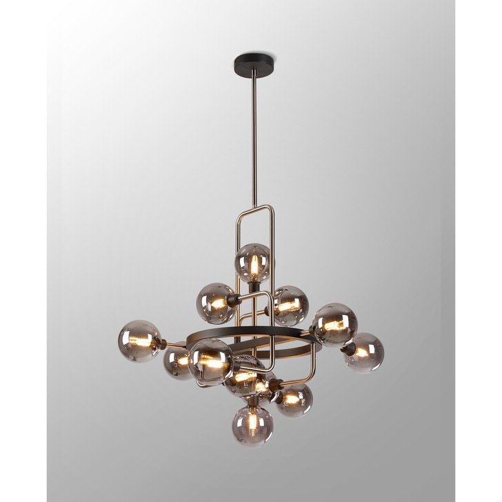 Idolite Atlas Graphite/Satin Nickel 12 Light Pendant Complete With Sphere Smoked Glass Shades