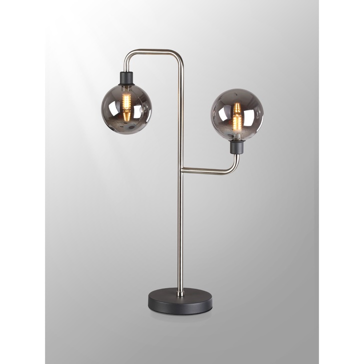 Idolite Atlas Graphite/Satin Nickel 2 Light Table Lamp Complete With Sphere Smoked Glass Shades