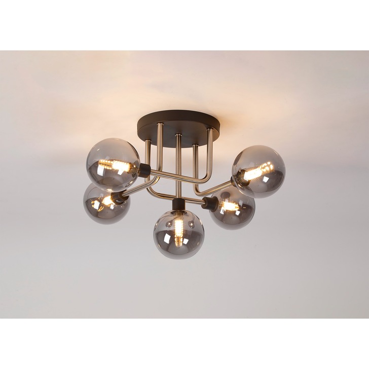 Idolite Atlas Graphite/Satin Nickel 5 Light Semi Flush Ceiling Light Complete With Sphere Smoked Glass Shades