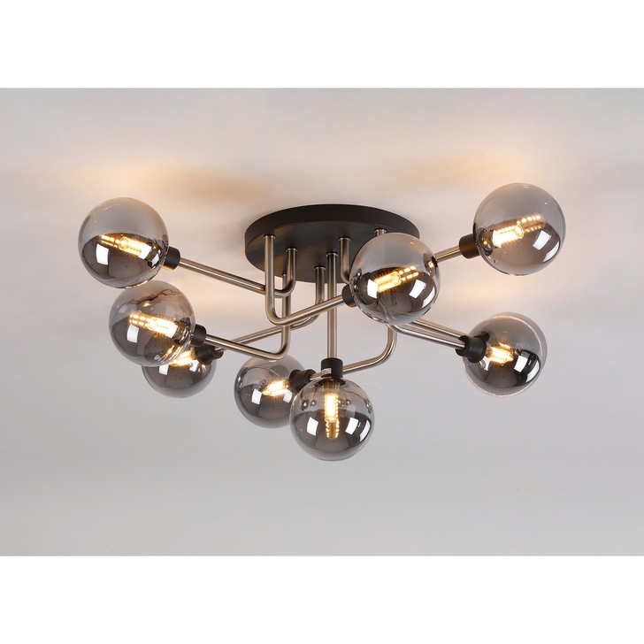 Idolite Atlas Graphite/Satin Nickel 9 Light Semi Flush Ceiling Light Complete With Sphere Smoked Glass Shades