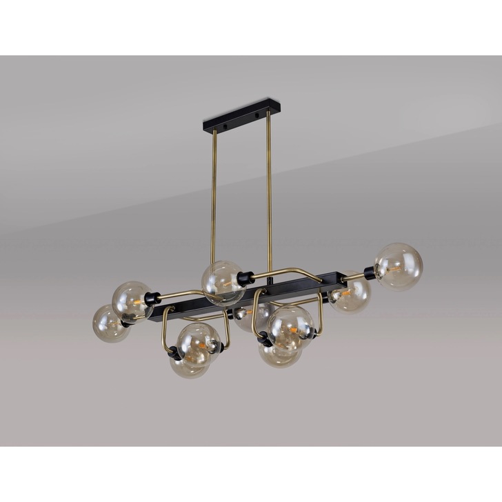 Idolite Atlas Matt Black/Antique Brass 10 Light Linear Bar Pendant C/W Cognac Glass Globes