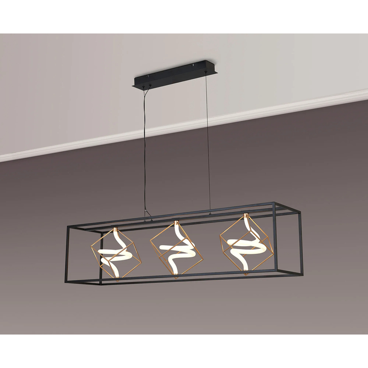 Idolite Bolton Linear Led Spiral Bar Pendant Light In Black And Painted Gold - Dimmable - 3000K