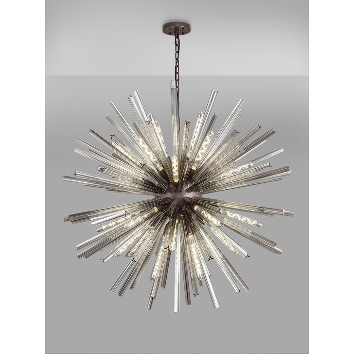 Idolite Burns Brown Oxide Large 32 Light Round Pendant Complete With Smoke Glass Rods