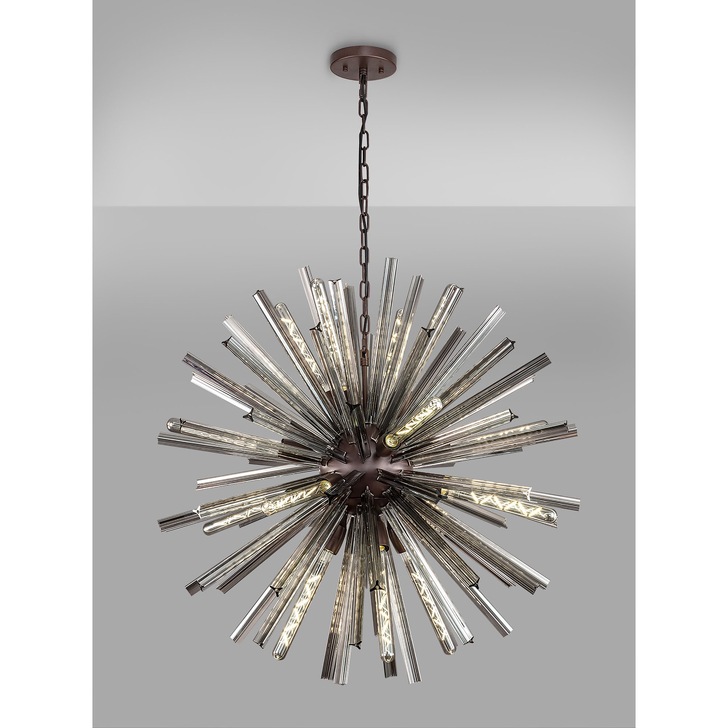 Idolite Burns Brown Oxide Medium 16 Light Round Pendant Complete With Smoke Glass Rods