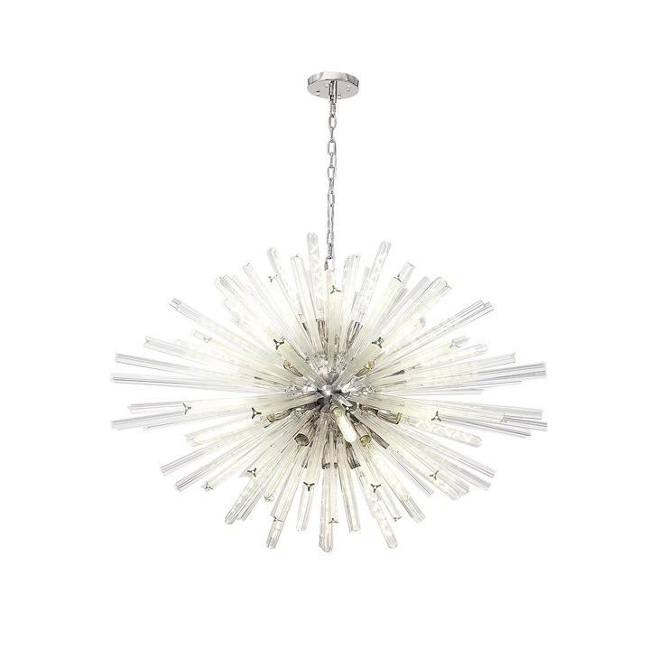 Idolite Burns Polished Nickel Large 32 Light Oval Pendant Complete With Clear Glass Rods