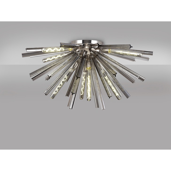 Idolite Burns Polished Nickel Large 8 Light Semi-Flush Ceiling Light Complete With Smoke Glass Rods