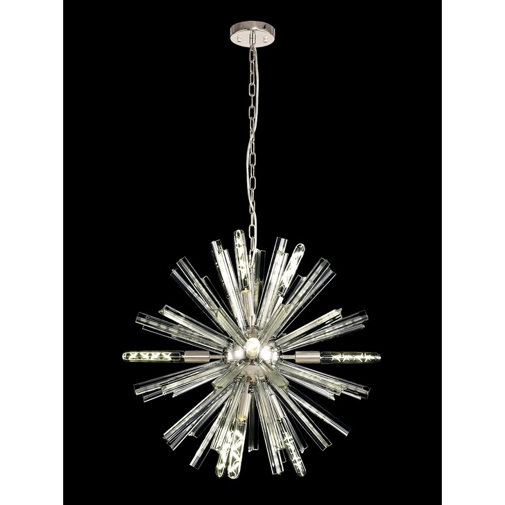 Idolite Burns Polished Nickel Round 10 Light Pendant Complete With Clear Glass Rods