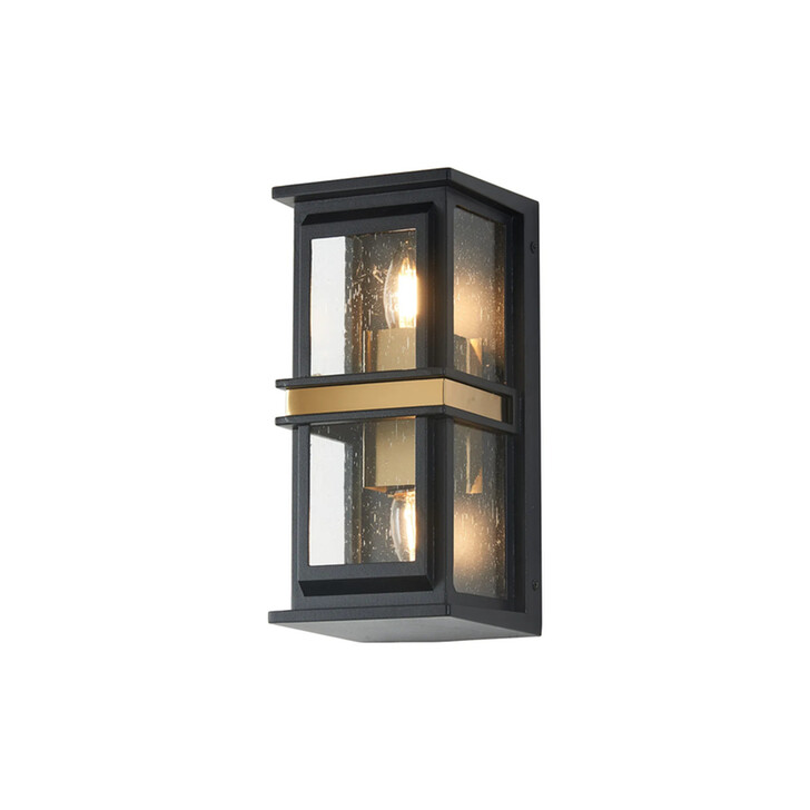 Idolite Buxton Flush 2 Light Exterior Wall Lantern In Black And Gold With Clear Seeded Glass