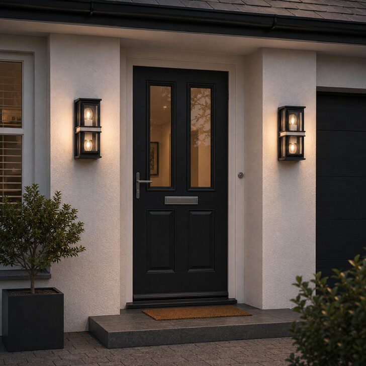 Idolite Buxton Flush 2 Light Exterior Wall Lantern In Black And Silver With Clear Seeded Glass