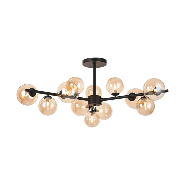Idolite Calix Satin Black 110cm Semi-Flush 3 Arm 12 Light Complete With Amber Plated Glass Globe Shades