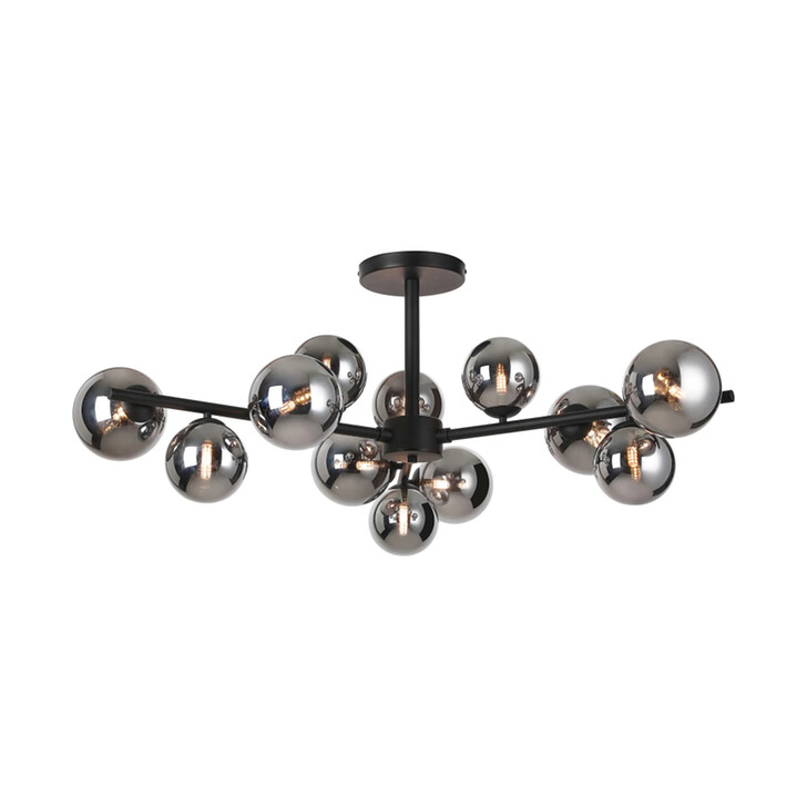 Idolite Calix Satin Black 110cm Semi-Flush 3 Arm 12 Light Complete With Chrome Plated Glass Globe Shades