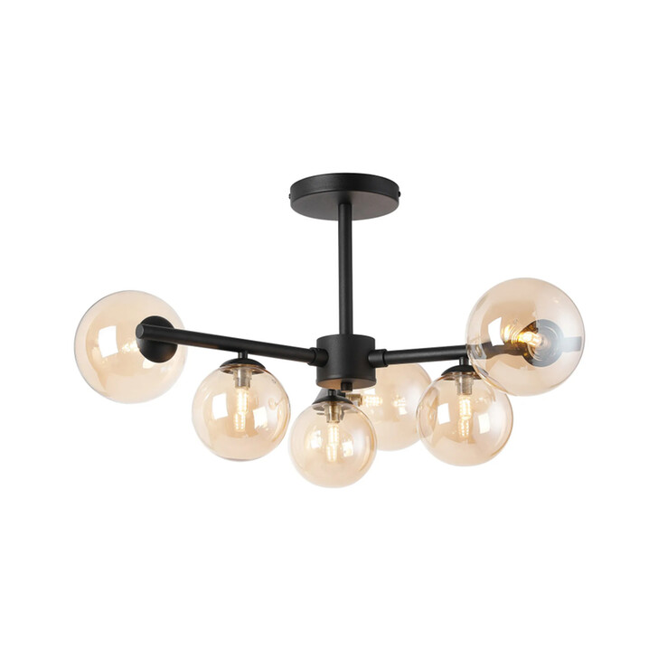 Idolite Calix Satin Black 71.5cm Semi-Flush 3 Arm 6 Light Complete With Amber Plated Glass Globe Shades