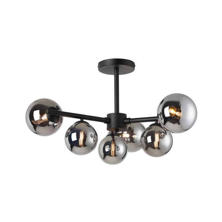 Idolite Calix Satin Black 71.5cm Semi-Flush 3 Arm 6 Light Complete With Chrome Plated Glass Globe Shades