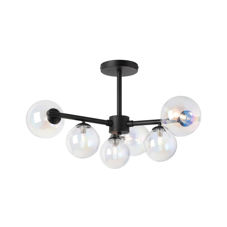 Idolite Calix Satin Black 71.5cm Semi-Flush 3 Arm 6 Light Complete With Iridescent Plated Glass Globe Shades