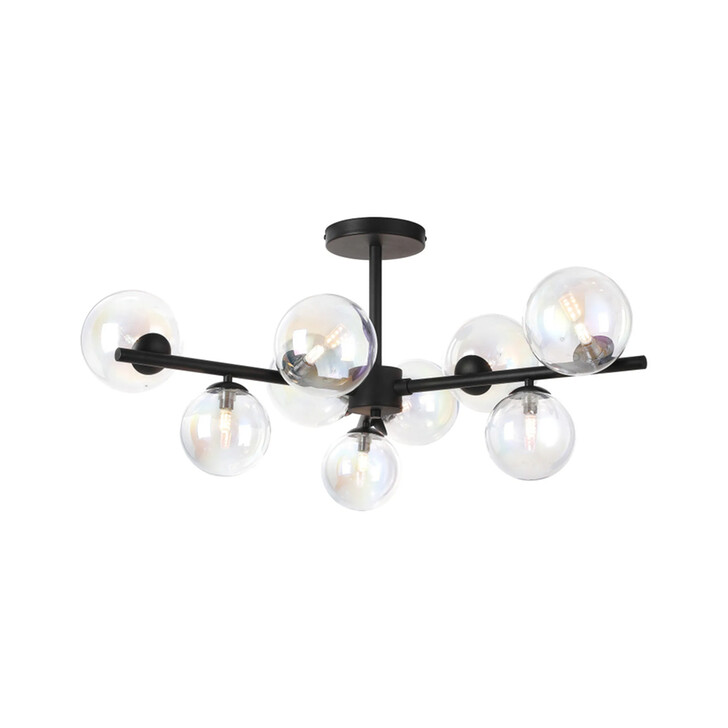 Idolite Calix Satin Black 88cm Semi-Flush 3 Arm 9 Light Complete With Iridescent Plated Glass Globe Shades