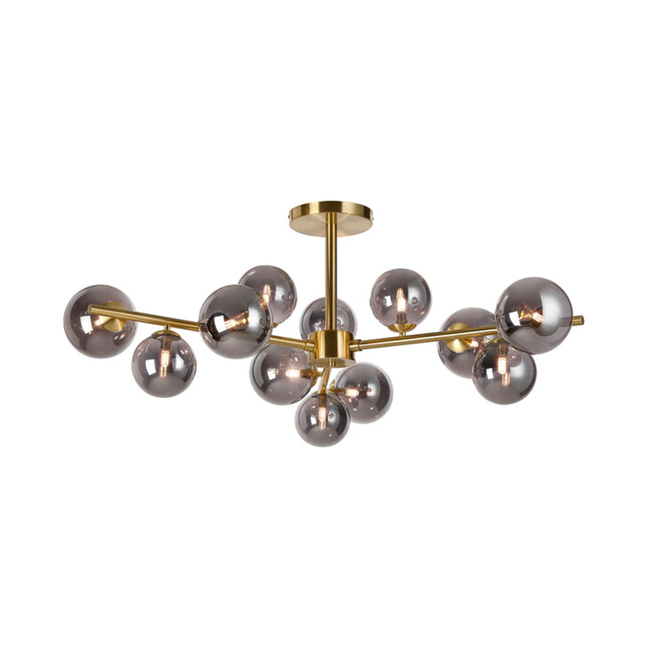Idolite Calix Satin Gold 100cm Semi-Flush 3 Arm 12 Light Complete With Smoke Plated Glass Globe Shades