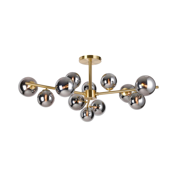 Idolite Calix Satin Gold 110cm Semi-Flush 3 Arm 12 Light Complete With Chrome Plated Glass Globe Shades