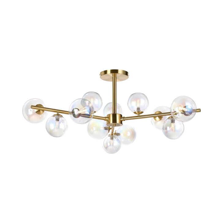 Idolite Calix Satin Gold 110cm Semi-Flush 3 Arm 12 Light Complete With Iridescent Plated Glass Globe Shades