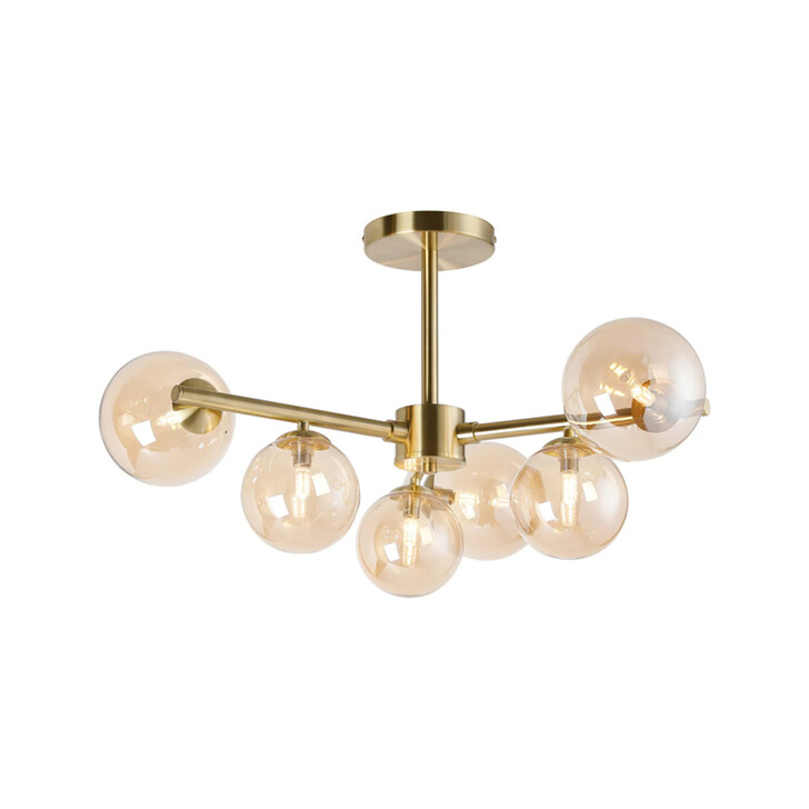 Idolite Calix Satin Gold 71.5cm Semi-Flush 3 Arm 6 Light Complete With Amber Plated Glass Globe Shades