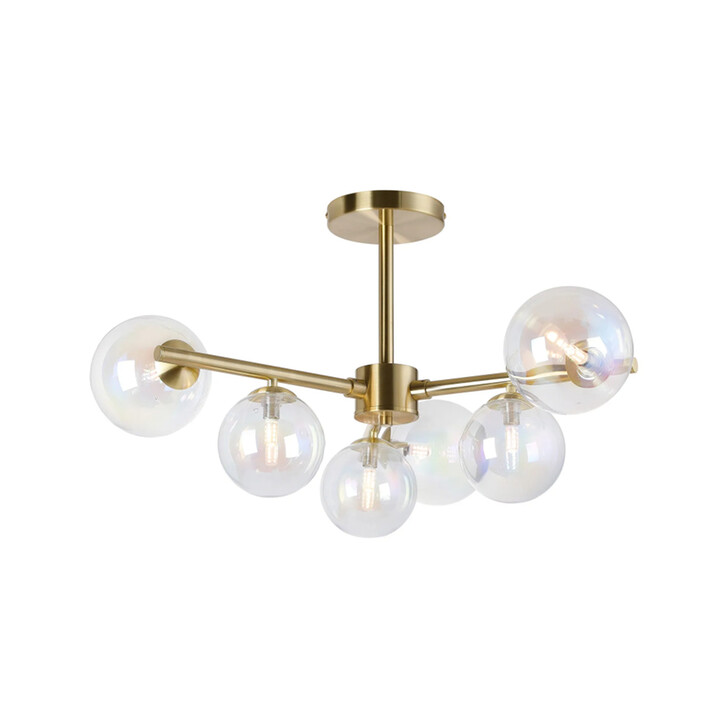 Idolite Calix Satin Gold 71.5cm Semi-Flush 3 Arm 6 Light Complete With Iridescent Plated Glass Globe Shades