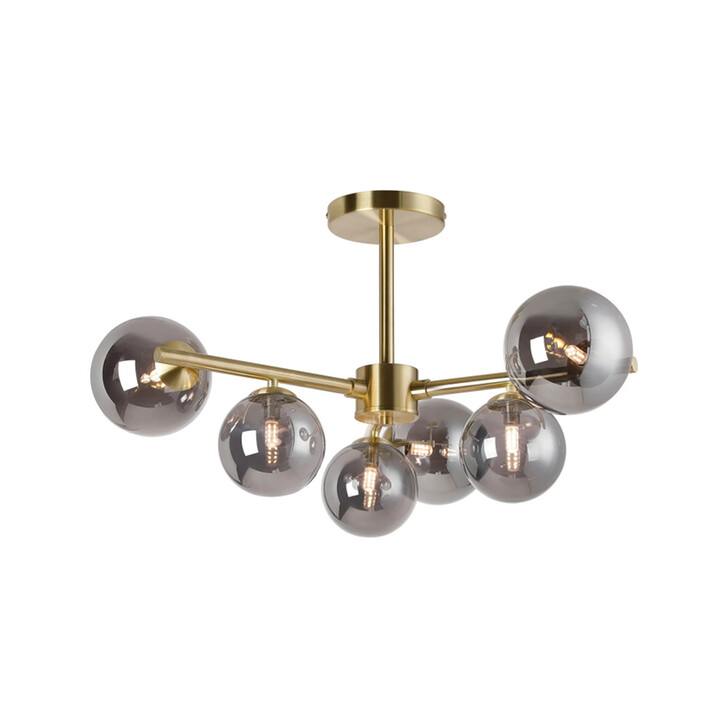 Idolite Calix Satin Gold 71.5cm Semi-Flush 3 Arm 6 Light Complete With Smoke Plated Glass Globe Shades