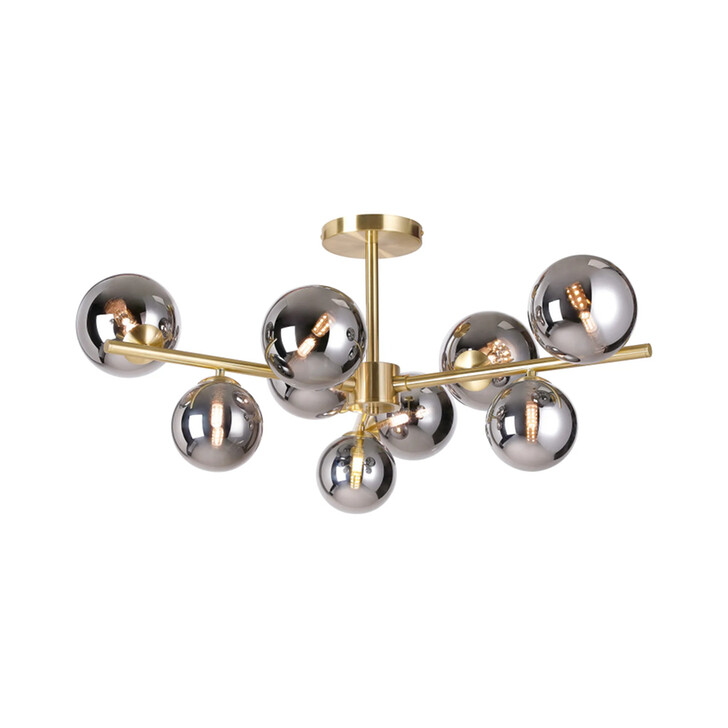 Idolite Calix Satin Gold 88cm Semi-Flush 3 Arm 9 Light Complete With Chrome Plated Glass Globe Shades