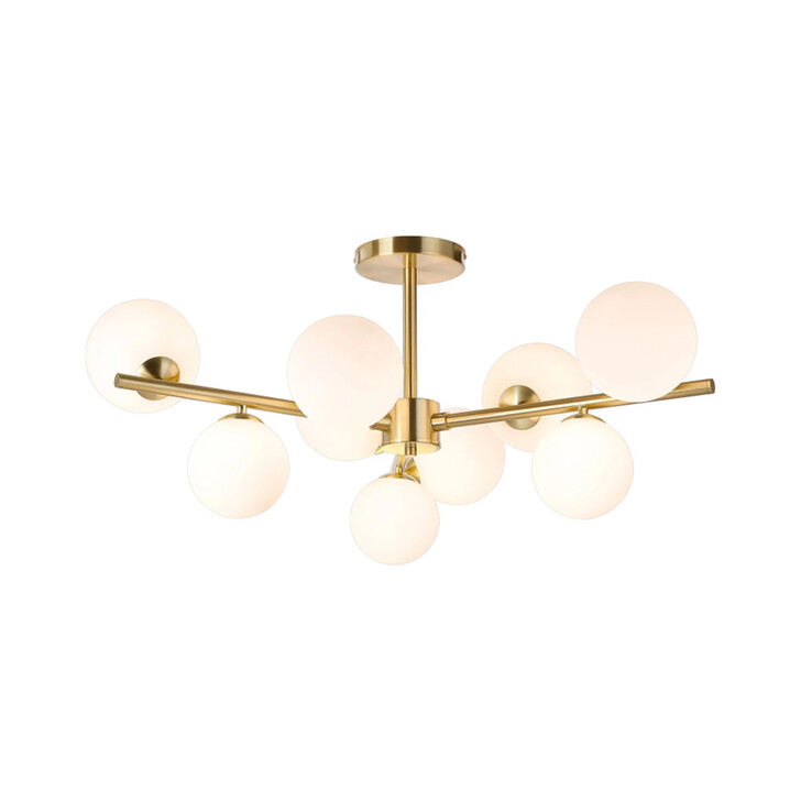 Idolite Calix Satin Gold 88cm Semi-Flush 3 Arm 9 Light Complete With Opal Glass Globe Shades