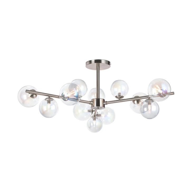 Idolite Calix Satin Nickel 110cm Semi-Flush 3 Arm 12 Light Complete With Iridescent Plated Glass Globe Shades