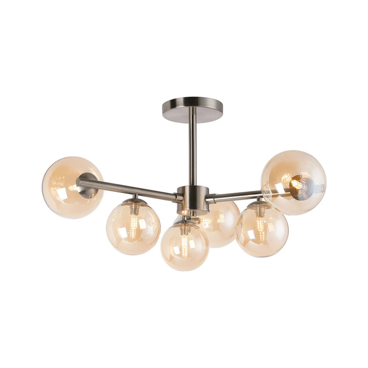 Idolite Calix Satin Nickel 71.5cm Semi-Flush 3 Arm 6 Light Complete With Amber Plated Glass Globe Shades