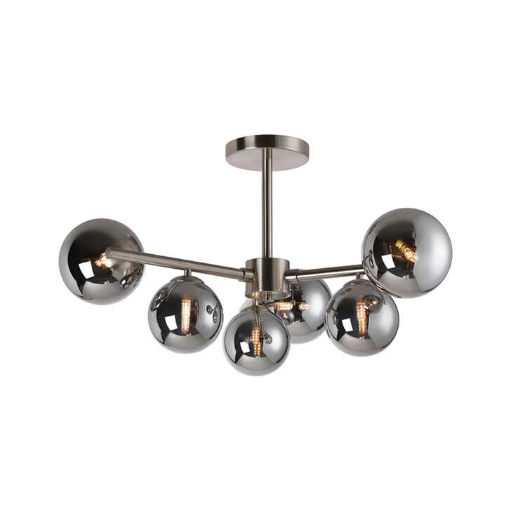 Idolite Calix Satin Nickel 71.5cm Semi-Flush 3 Arm 6 Light Complete With Chrome Plated Glass Globe Shades