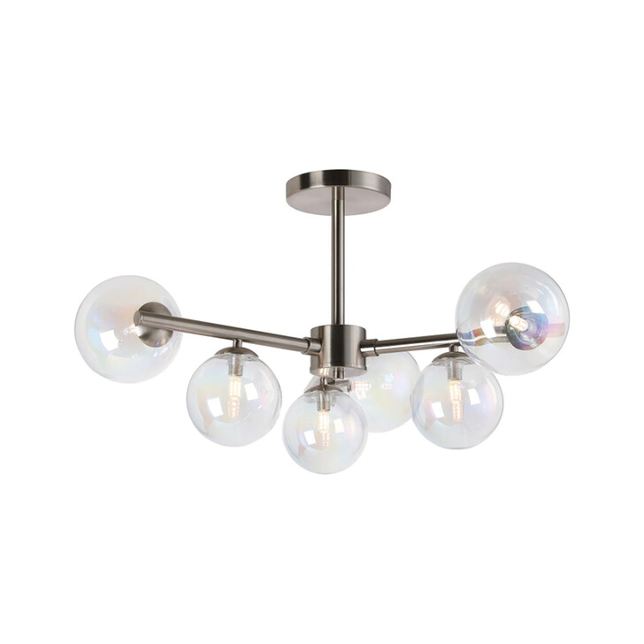 Idolite Calix Satin Nickel 71.5cm Semi-Flush 3 Arm 6 Light Complete With Iridescent Plated Glass Globe Shades